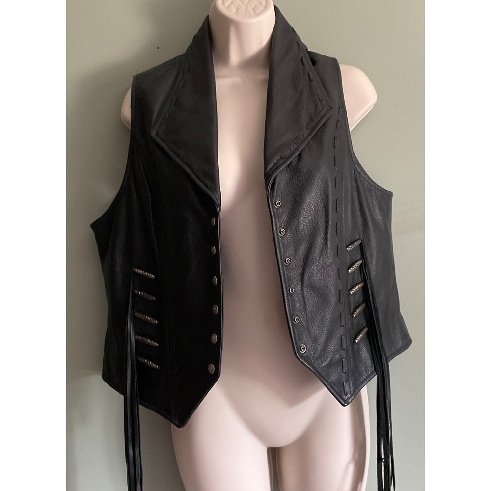 Womens Harley Davidson Black Leather Vest M 38" Bust Lace Fringe Snaps Beads